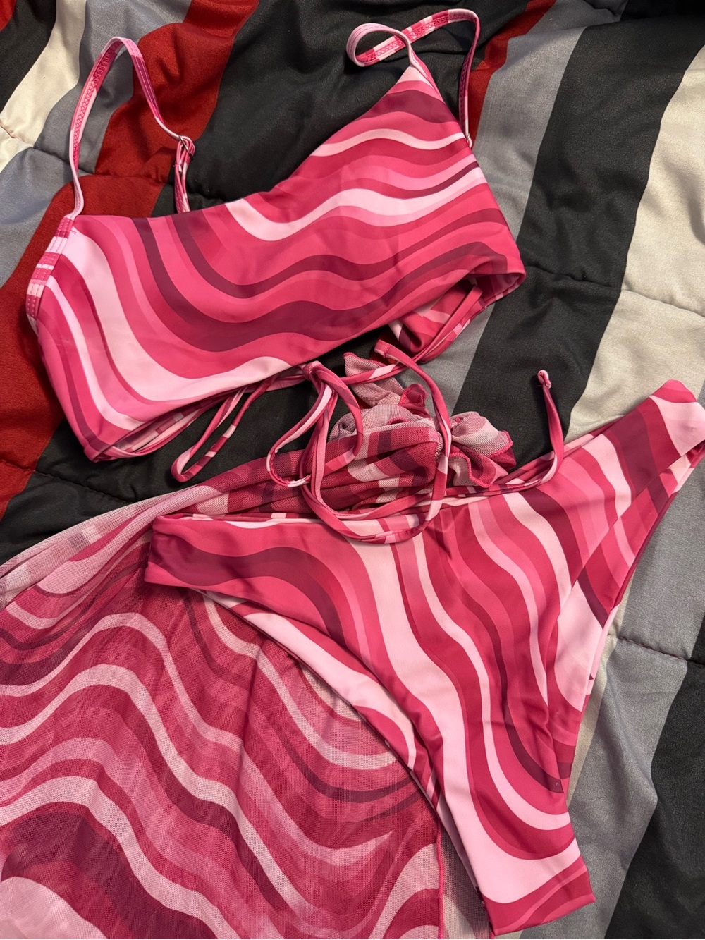 SHEIN Pink Wave-Print Bikini Top, Bottoms & Sarong Set